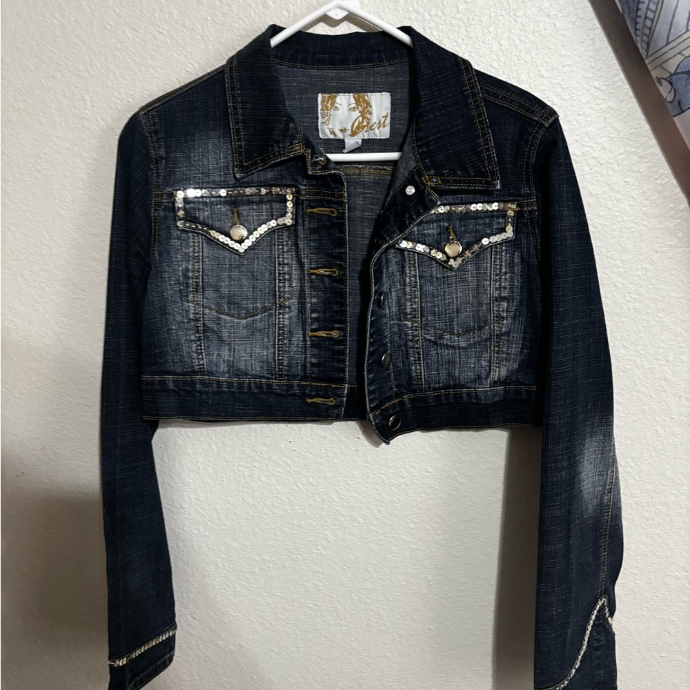 Dark Denim Cropped Jacket with Embellishments